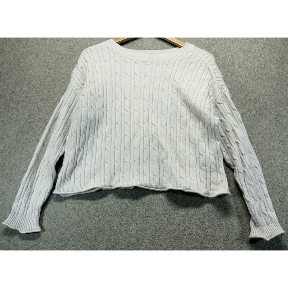 DKNY Jeans Womens Cropped Sweater White Cable Knit Long Sleeve Soft Cozy L